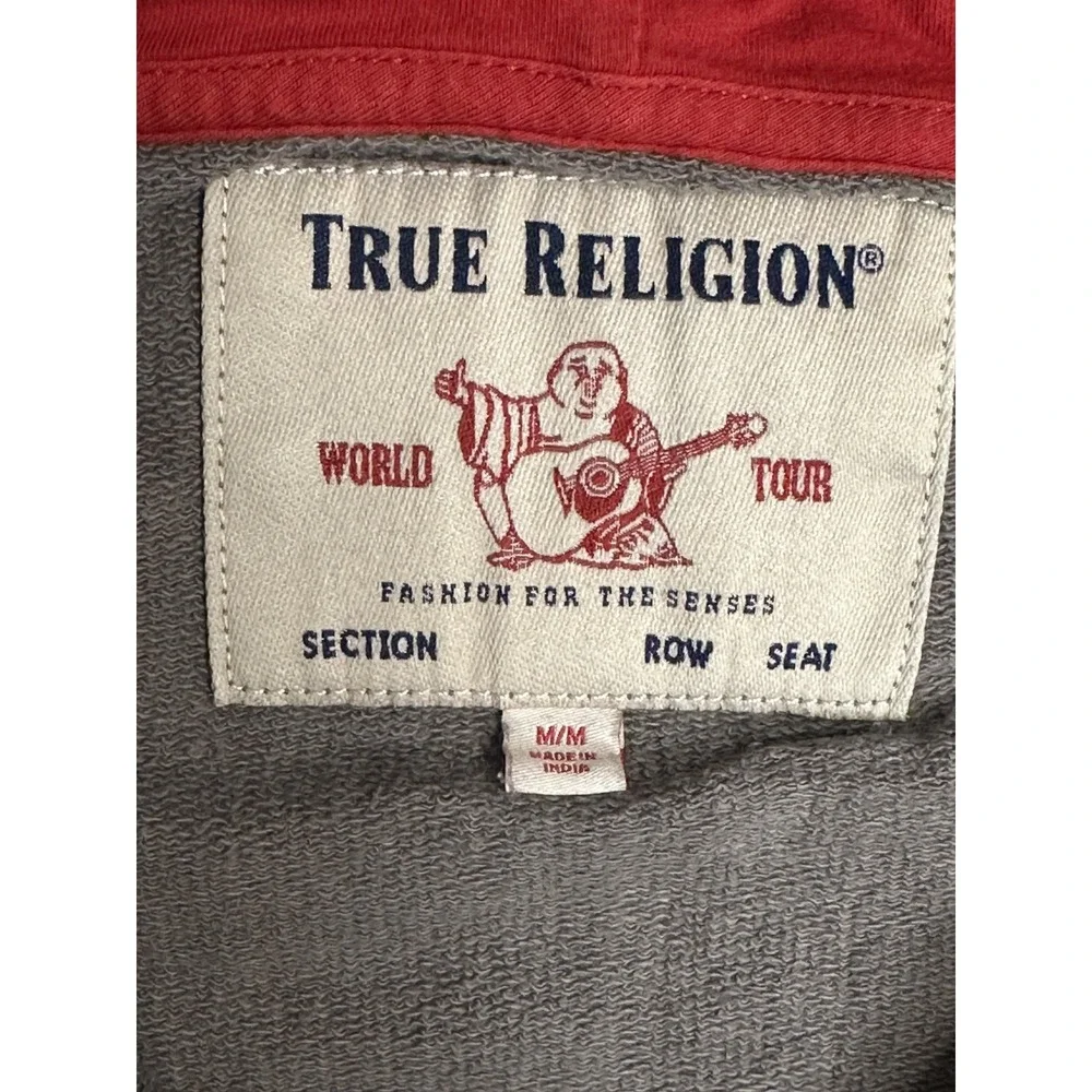 True Religion Hoodie Mens M Gray Red Blue Zip Up Chevron Panel Sweatshirt